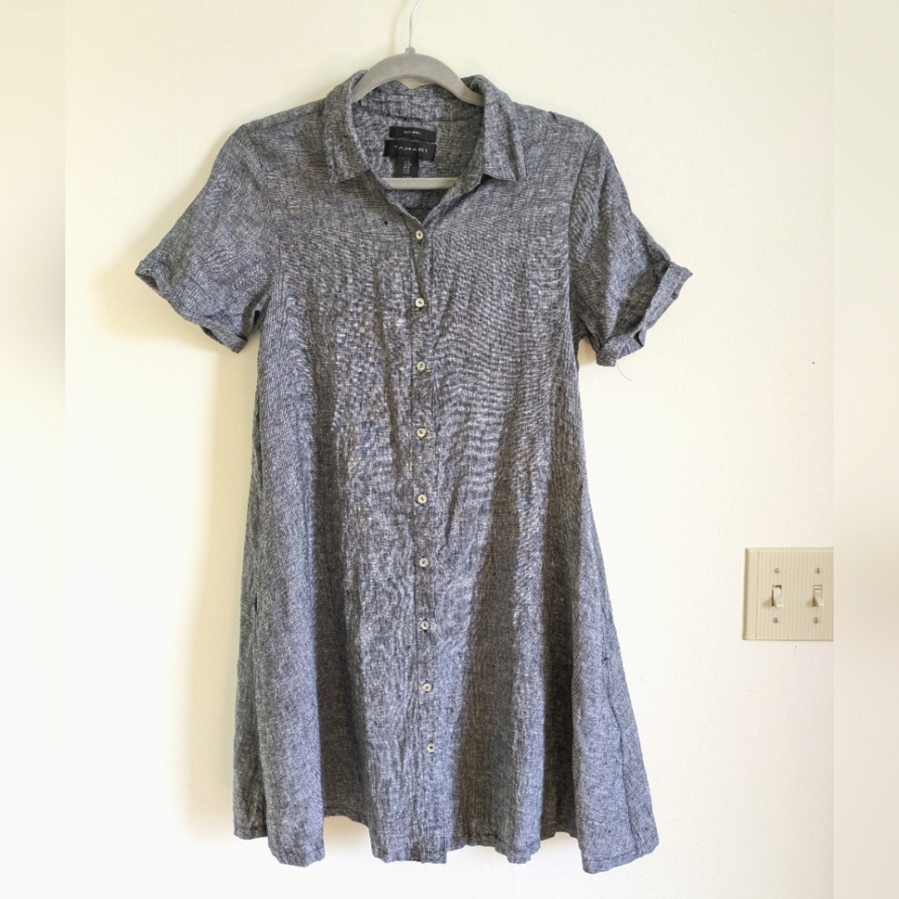 Tahari 100% Linen Gray Short Sleeve Button Down Mini Dress women's size small